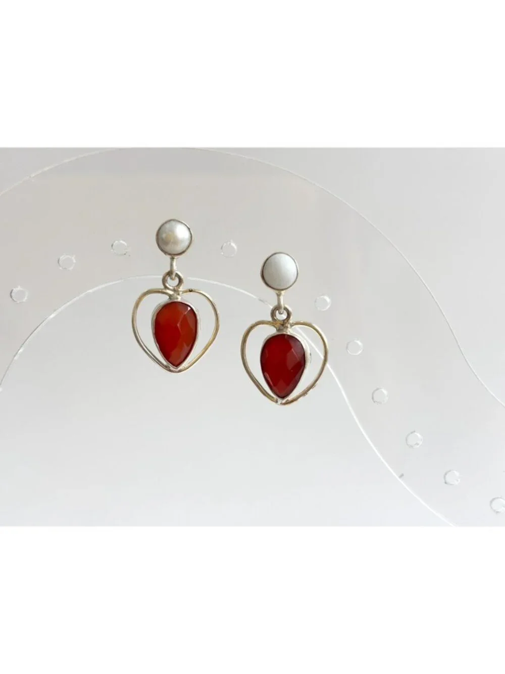 Ruby Corondum & Cultured Pearl Heart Shaped Vintage Sterling Silver 925 Earrings